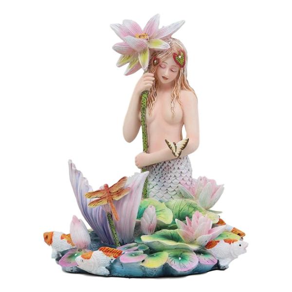 虹色の池のほとりで、花の傘を持って、トンボや鯉と戯れる、マーメイド（人魚）彫像 海のセイレーン（妖精...