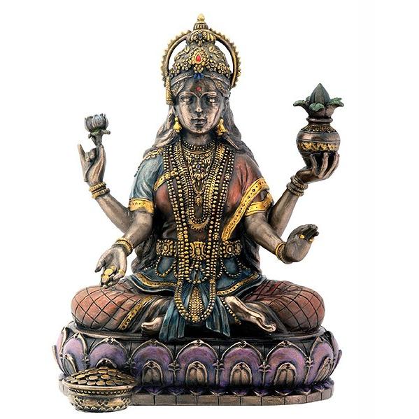 ブロンズ風 蓮の上に座る 吉祥天(ラクシュミー)富 豊穣 叡智 幸運の女神 彫刻 彫像/功徳天、宝蔵...