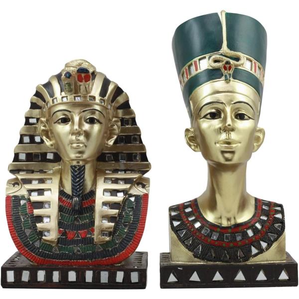 古代エジプトのファラオの黄金のマスクを被ったツタンカーメンと女王ネフェルティティの像（輸入品