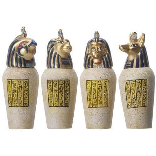 古代エジプトのカノプス壺4個セット ジャッカル・ファルコム・ヒューマン・ライオン彫像 高さ 約8.3...