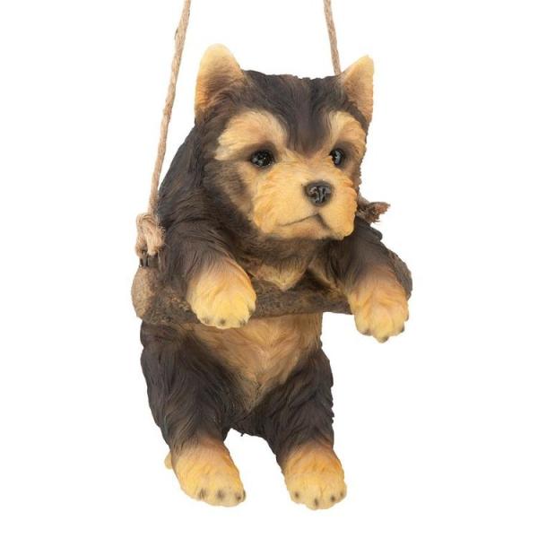 とまり木にぶら下がっているヨーキー（ヨークシャーテリア）子犬の彫像 彫刻/ ペットショップ ドッグカ...