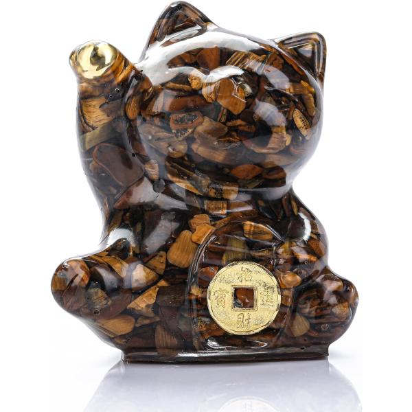 タイガーアイ ブラウンラッキーキャット幸運のネコ猫置物お金猫彫像招き猫風水装飾幸運輸入品