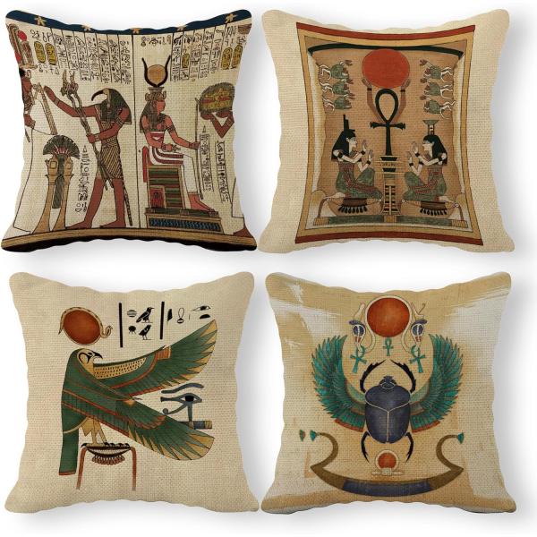 古代エジプト柄クッションカバーホルス/ファルコン/太陽神ラーリネンスローピローケース45.7cm4枚...