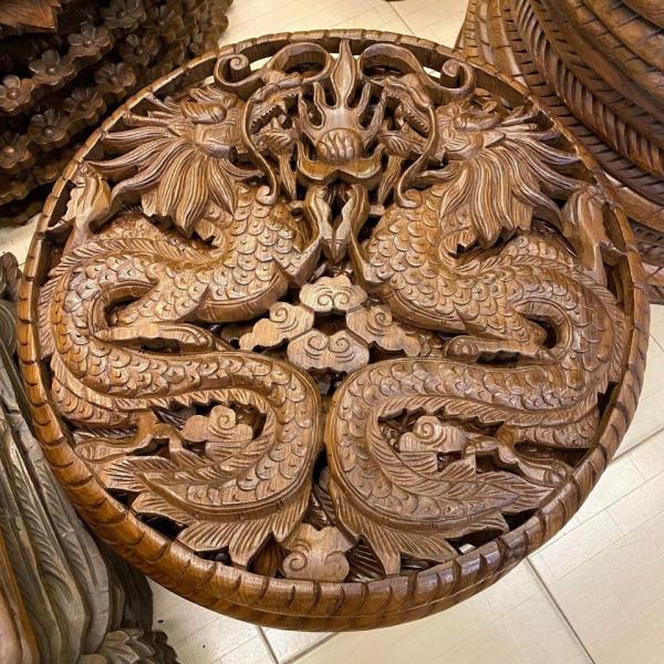 セール！即納！中華風ダブルドラゴン双竜チーク材彫刻吊り下げ式壁掛けブラウン色壁彫刻工芸装飾オーナメン...