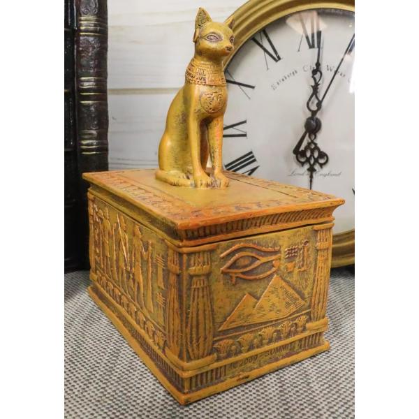 古代エジプト猫女神バステト 象形文字の神々の模様付き 砂漠の砂岩仕上げの装飾ジュエリーボックス置物