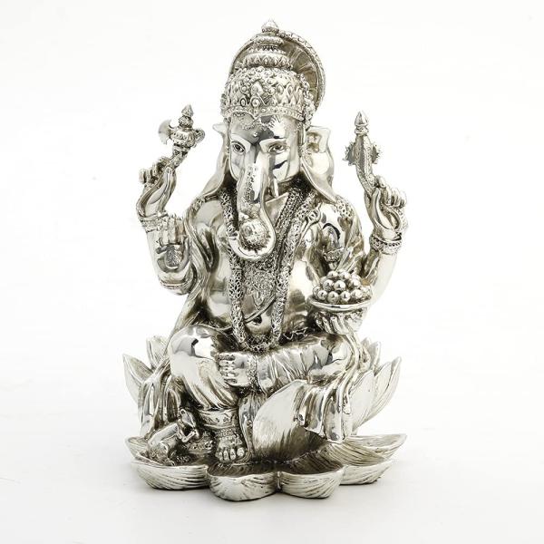ヒンズー教 ガネーシャ彫像 （シリバー色）クロム効果 夢をかなえるゾウ置物彫刻 18.4cm(輸入品...