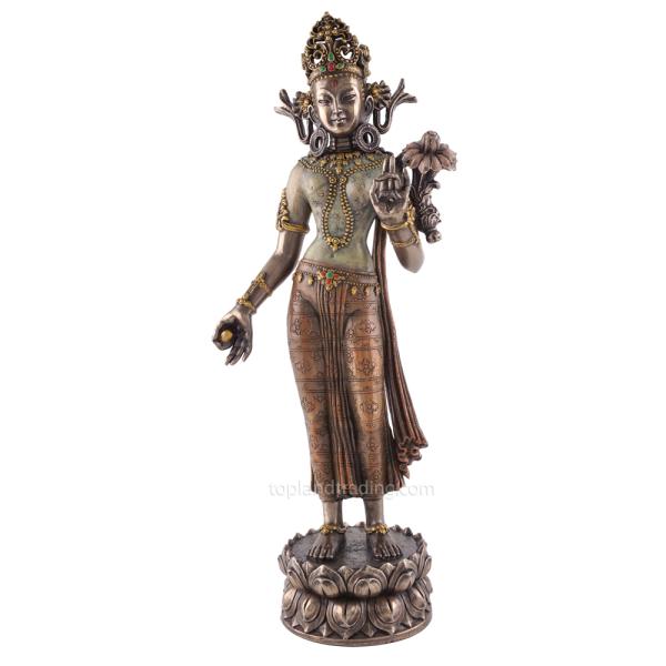立っているグリーン・緑ターラー菩薩彫像 約30cm チベット女神、仏教菩薩像（輸入品）
