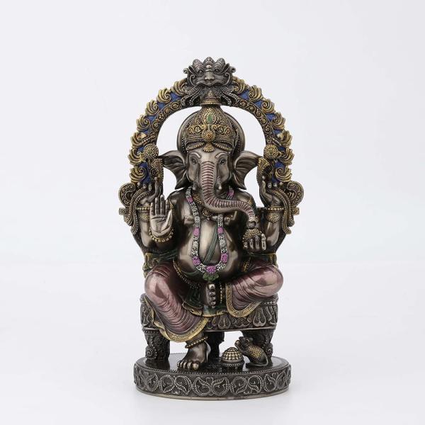 ヒンズー教 王座に座る、ガネーシャ神 夢をかなえるゾウ彫像 幸運 ブロンズ風仕上げ 宗教的 スピリチ...