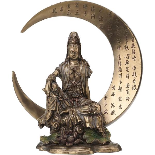 三日月に座る慈悲の水月観音彫刻 般若心経 観音菩薩彫像 仏像コレクション カフェ パブ バー ホテル...