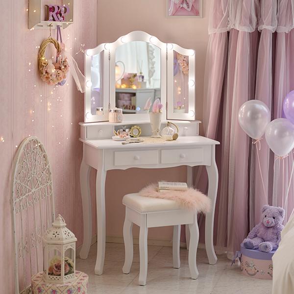 ドレッサー 三面鏡 白 化粧台 鏡台 収納 椅子セット | 三面鏡スリムドレッサー （ライト付き） ...