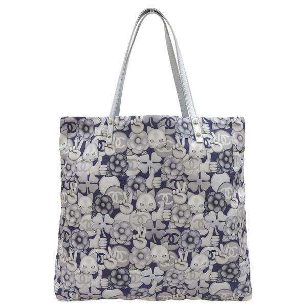 シャネル CHANEL シュペット トートバッグ キャット 猫 ナイロン/レザー シルバー/ネイビー...