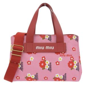 ミュウミュウ MIUMIU 2WAYバッグ ハンドバッグ キャンバス/レザー ピンク/レッド 花 フラワー 5BA085 中古 新入荷 OB1314｜ronde