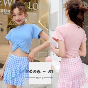 水着 レディース 女の子 在庫限り チェック セパレート セットアップ 上下セット 半袖 セット水着 小学生 中学生 可愛い 10代 20代