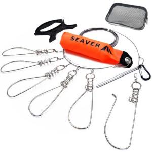 フロート付きストリンガー サビにくい バネ式フック 5個 ワイヤー 5m 黒 スペアフック 収納ケース 付き SEAVER
