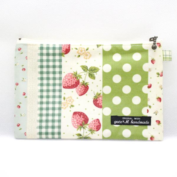メッシュポーチ 通帳 ビニール フラット ドット（いちごミックス・グリーン）