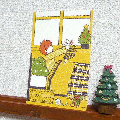 ポストカード「クリスマスの朝」 プレゼント 猫 ツリー ベッド 可愛い はがき カード