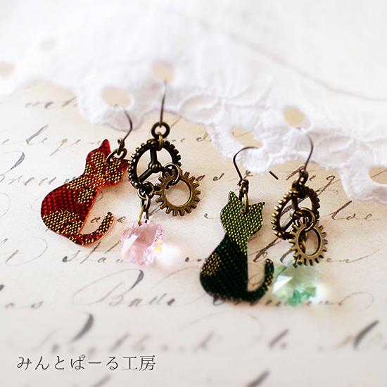 ピアス 猫 歯車 和柄 ねこ チタンフック レディース