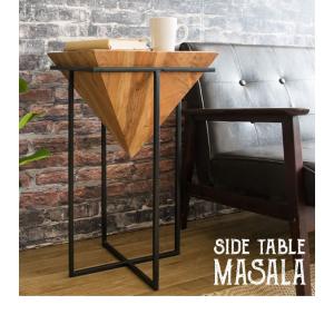 天然木サイドテーブル 完成品 おしゃれ MASALA マサラ ライトブラウン 幅36 高さ64cm 逆三角形 トライアングル 木目柄　黒スチール  アメリカンヴィンテージ