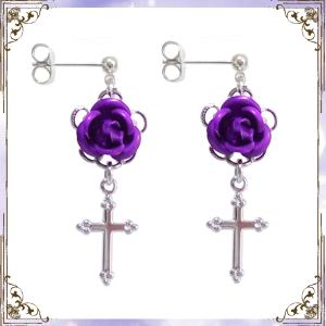 薔薇 バラ ローズ 十字架 クロス・黒 (ピアス) イヤリングに変更可