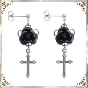 薔薇 バラ ローズ 十字架 クロス・黒 (ピアス) イヤリングに変更可