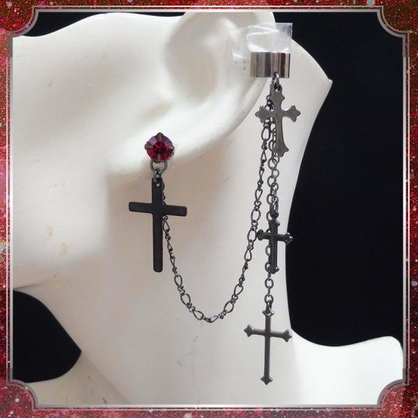 十字架 クロス ストーン 赤レッド チェーン イヤークリップ イヤーカフ ピアス イヤリング片耳用 ...