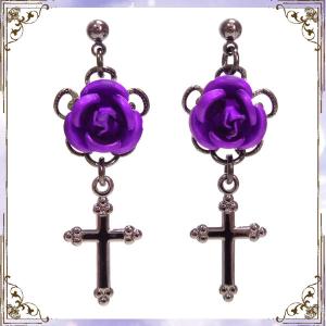薔薇 バラ ローズ 十字架 クロス・青 (ピアス) イヤリングに変更可