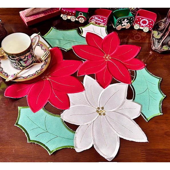 コースター　ドイリー 40cm Merry Xmas　ポインセチア刺繍　クリスマス /　立体感あり　...