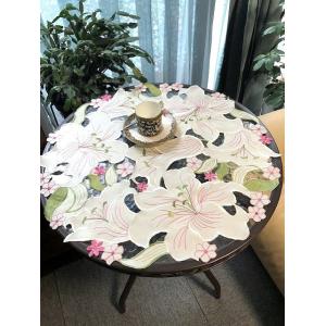 テーブルクロス 円形　直径 60ｃｍ ホワイト地 　カサブランカ　百合の花　グリーン｜rose-viva-shop