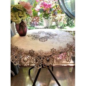 テーブルクロス 85ｃｍ　円形 ジャガード織りの模様 中心、周りは総レース刺繍 #515