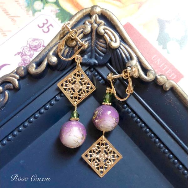 ピアス　イヤリング　和　唐草風　ビーズ　透かし　オリエンタル　着物　浴衣　揺れ　きれいめ