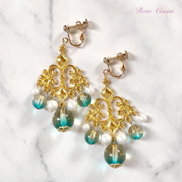 イヤリング　ピアス　アクリル　ビーズ　シャボン玉　キラキラ　アラベスク　オリエンタル　メタル　揺れ　...