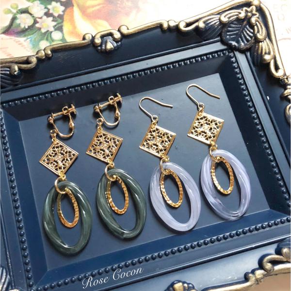 イヤリング　ピアス　アクリル　フープ　マーブル　菱形　透かし　メタル　オリエンタル　揺れ　軽い