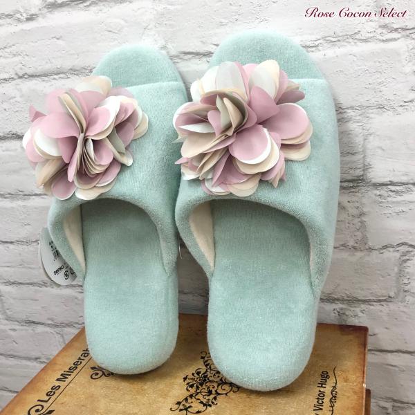 スリッパ　ルームシューズ　室内履き　オシャレ　かわいい　お花　ギフト　フェミニン　コンフォ　ブルー