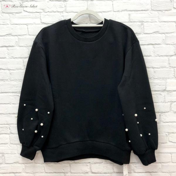 トップス　レディース　スウェット　ブルオーバー　ボリューム袖　パール　裏起毛　長袖　無地　黒　ブラッ...