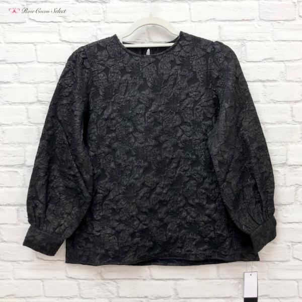 トップス　レディース　カットソー　ジャガード織り　レース風　花柄　長袖　黒　ブラック　フェミニン　お...