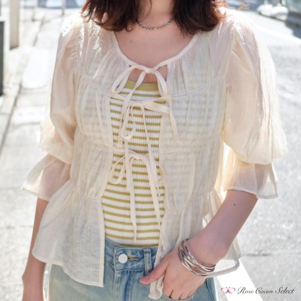 トップス　レディース　無地　シャーリング　シャツ　５分袖　半袖　フリル　二の腕カバー　2way　着回...