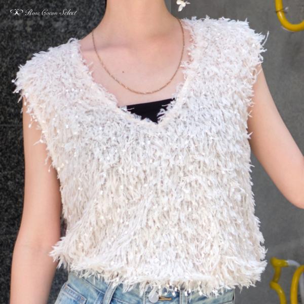 トップス　レディース　ファーベスト　フェザーヤーン　トレンド　ベスト　ジレ　ノースリーブ　Vネック　...