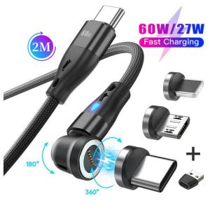 充電ケーブル マグネットケーブル 2m iPhone スマホ  60W PD/QC充電対応 7pin 3in1 マグネット端子付 データ通信対応 540°回転 Type-C USB-C接続