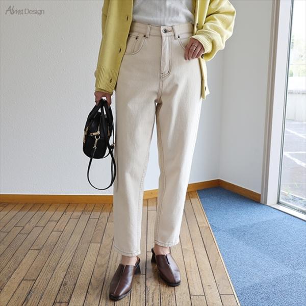 ハイウエスト コットン テーパード カーブパンツ 配色ステッチ テーパードパンツ レディース 美ライ...