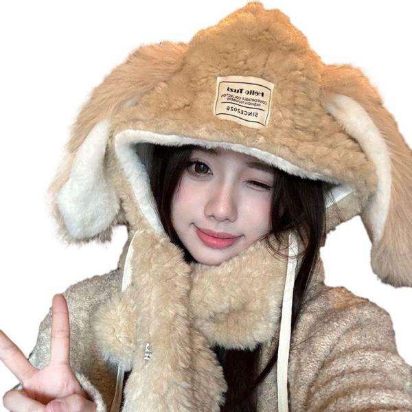レディース うさぎ耳付き帽子 マフラー 2in1 兎耳 一体型 可愛い 萌え萌え 冬物 極暖 寒さ対...