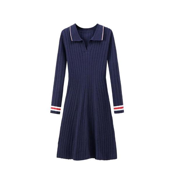 ミニワンピース ニット レディース スリム ドレス ネイビー ポロ スポーツ風 折り襟 洋服 カット...