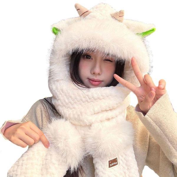 フード付きマフラー 3in1 一体型 アニマル帽子 羊デザイン レディース 女の子 手袋 キュート ...