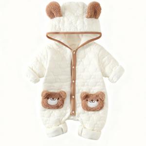 ロンパース 子供 新生児 熊耳 前開き カバーオール 保温 厚手 フード キルティング ジャンプスーツ 赤ちゃん 着せ替え便利 ふかふか
