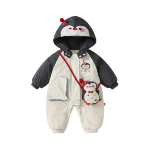 ペンギン ロンパース 赤ん坊 キッズ 前開き カバーオール ジップ 防水 フード 保温 厚手 ジャンプスーツ 赤ちゃん 着せ替え便利 秋冬