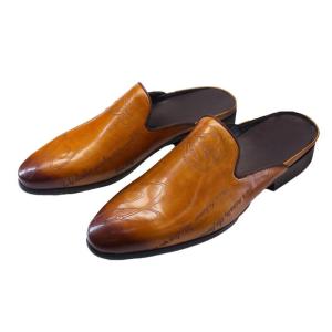ビジネス サンダル 24.0-28.5cm カービング スリッパ メンズ レザー サンダル ブラウン オフィス 本革 かかとなし 社内履き