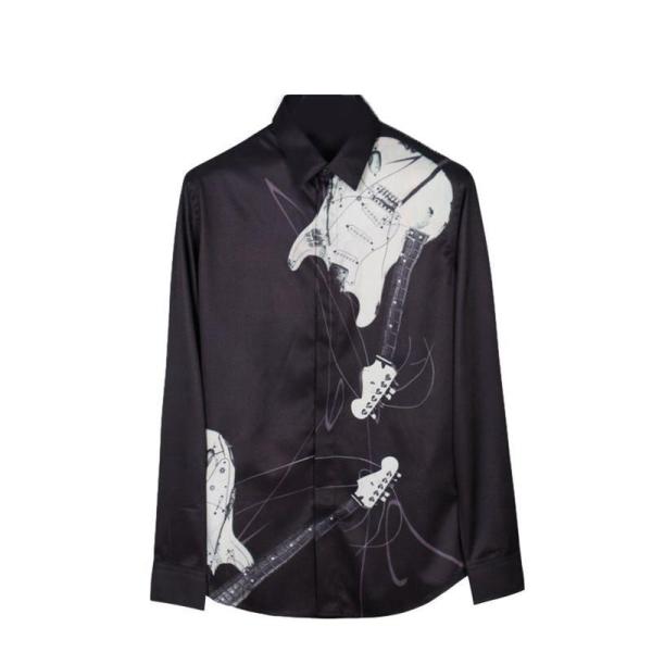 ボタンダウンシャツ メンズ じーつー プリント ファッション 長袖 細身 シャツ ストリート系 おし...