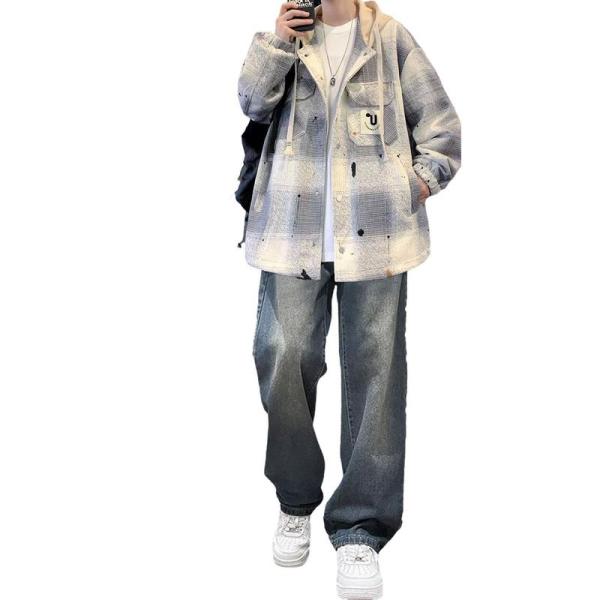 メンズジャケット+デニムパンツ 上下セット 3着セット フード付き チェック柄 長袖 上着 ブルゾン...