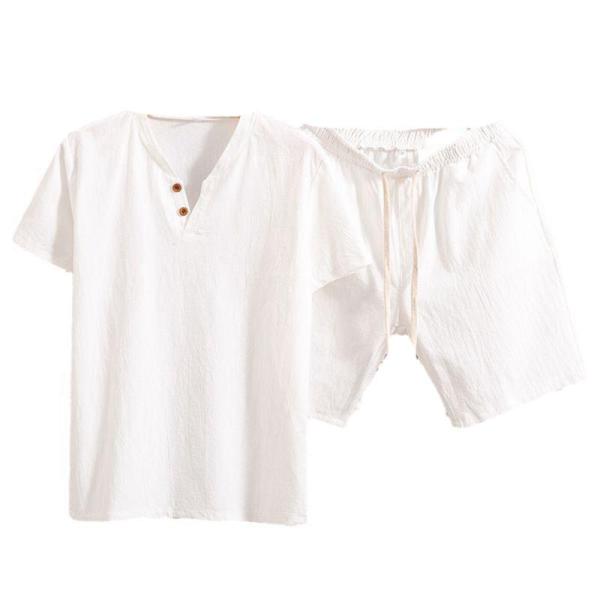 綿麻 上下セット メンズ リネン セットアップ 半袖 Tシャツ Vネック ハーフパンツ 通気性 吸汗...