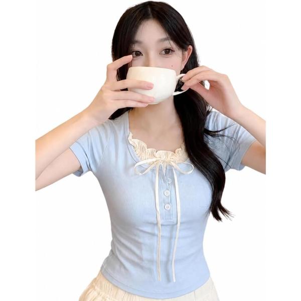 tシャツ レディース 半袖 重ね着風 レース付き リブニット カットソー フロントボタン リボン フ...