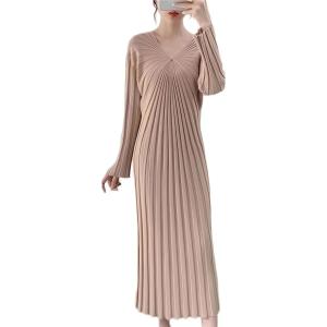 ニットワンピース ロング レディース プリーツ Vネック 着痩せ きれいめ 長袖 Aライン 体型カバ...